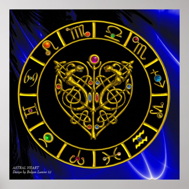 GOLD ASTRAL HERZ ZODIAC SIGNS Black Blue Poster (Vorne)