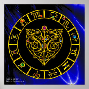 GOLD ASTRAL HERZ ZODIAC SIGNS Black Blue Poster