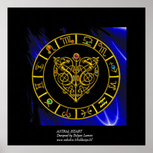 GOLD ASTRAL HERZ ZODIAC SIGNS Black Blue Poster