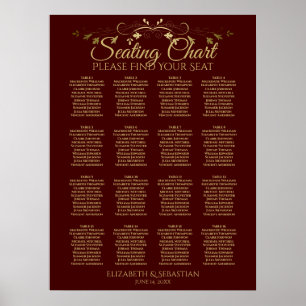 Gold & Auburn Braun 16-Tisch-Hochzeits-Sitzplan Poster