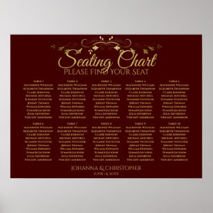 Gold & Auburn Brown 10 Table Wedding Chart Poster