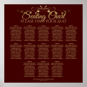 Gold & Auburn Brown 13 Table Wedding Chart Poster
