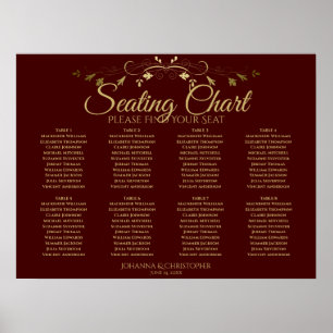 Gold & Auburn Brown 8 Table Wedding Chart Poster