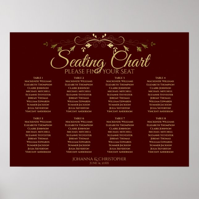 Gold & Auburn Brown 8 Table Wedding Chart Poster (Vorne)