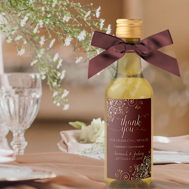 Gold & Auburn Brown Wedding Danke Mini Weinetikett (Von Creator hochgeladen)
