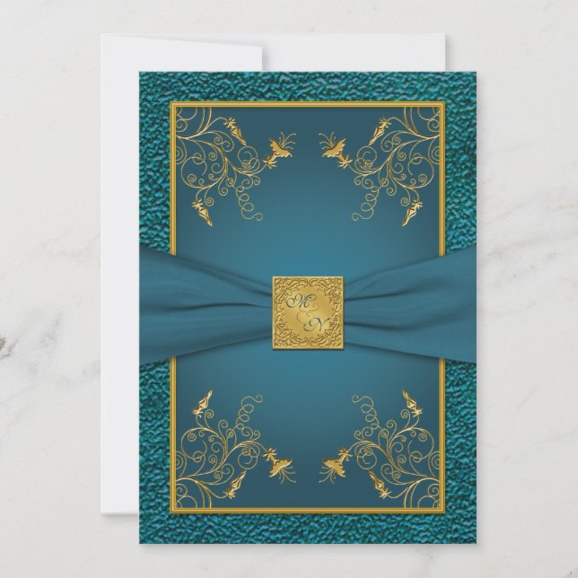 Gold auf Aquamariner Mit Monogramm Einladung (Vorderseite)