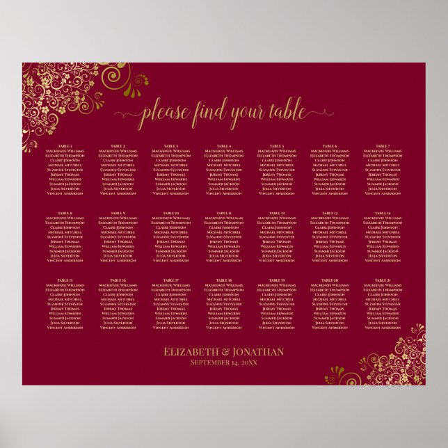 Gold auf Burgund 21 Tabelle Seating Chart Poster (Vorne)