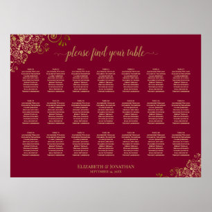 Gold auf Burgunder 21 Tisch Hochzeit Sitzordnung Poster