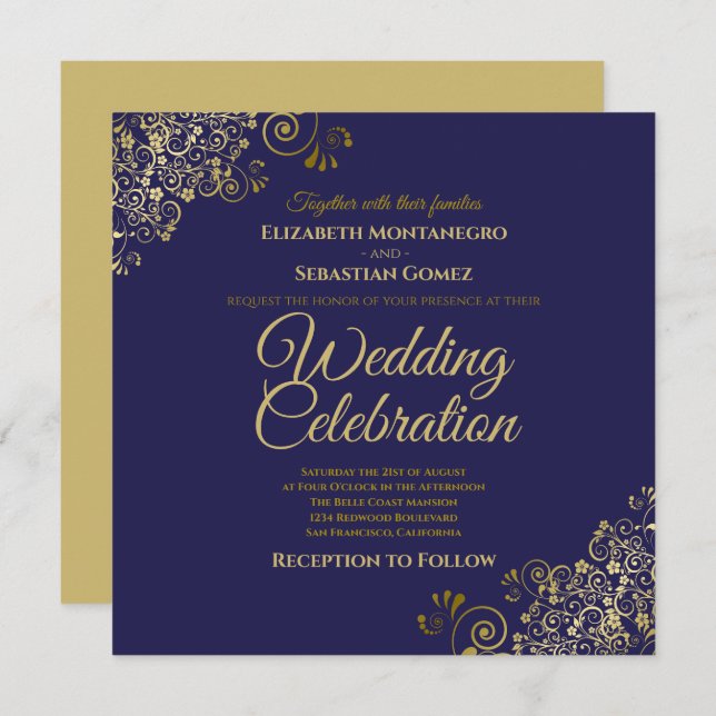 Gold auf einfache Hochzeit auf dem eleganten Navy- Einladung (Vorne/Hinten)