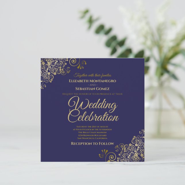 Gold auf einfache Hochzeit auf dem eleganten Navy- Einladung (Stehend Vorderseite)