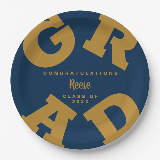 Gold auf Navy Bold GRAD Pappteller (Vorderseite)