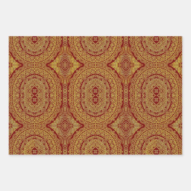 Gold auf Red Mandala Wrapping Sheet Set 3 Geschenkpapier Set (Vorderseite)