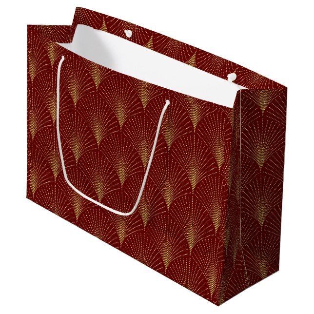 Gold auf rotem Art Deco Muster Große Geschenktasch Geschenktüte (Vorderseite Schrägansicht)