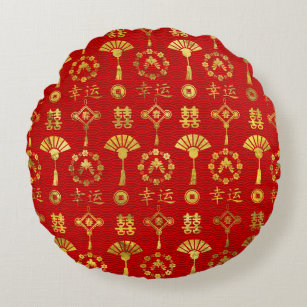 Gold auf rotem glücklichem chinesischem rundes kissen