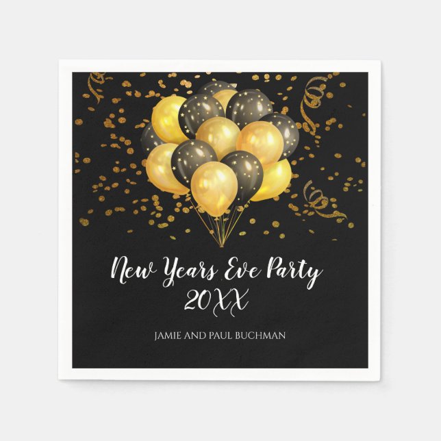 Gold auf schwarzen Balloons und Confetti-Silvester Serviette (Vorderseite)