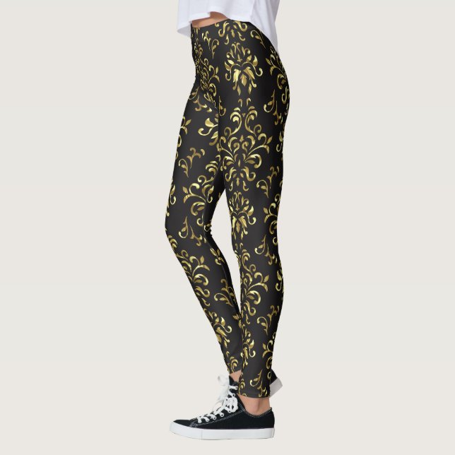 Gold auf schwarzen Floral Damaskus Muster Leggings (Links)