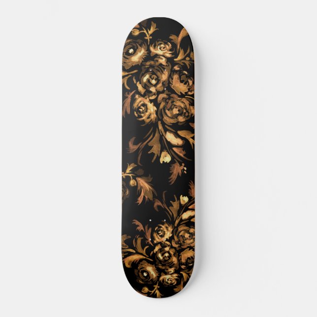 Gold auf schwarzen Rose Blumenmuster Skateboard (Vorderseite)
