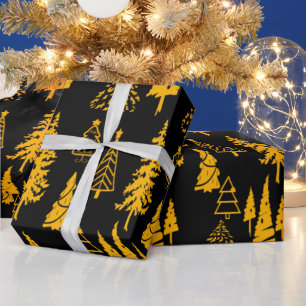 Gold auf schwarzen Weihnachtsbaumen Umschlagpapier Geschenkpapier