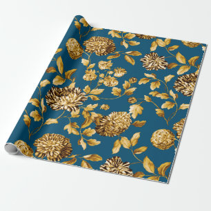 Gold auf Türkisblau Moderne Vintage Blumen-Toile Geschenkpapier