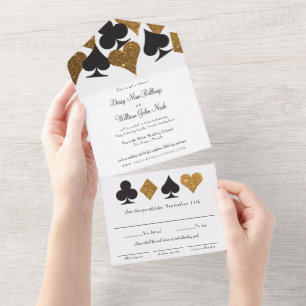 Gold auf White Imitats Glitzer Las Vegas Wedding All In One Einladung