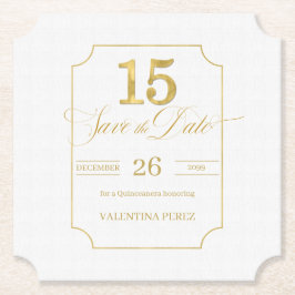 Gold auf White Quinceanera Englisch Save the Date Untersetzer