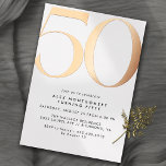 Gold aus Weiß und Rose | Moderner Minimal 50. Gebu Folieneinladung<br><div class="desc">Moderne Einladungen zum 50. Geburtstag mit einer großen Überschrift "50" in echter metallischer Folie. Ihre Veranstaltungsdetails werden unten in matt schwarzem Schriftart gedruckt. Rose Gold auf weißem Hintergrund. (Hintergrundfarben können mit dem Design-Tool geändert werden. Sie können auch die Art der metallischen Folie ändern.)</div>