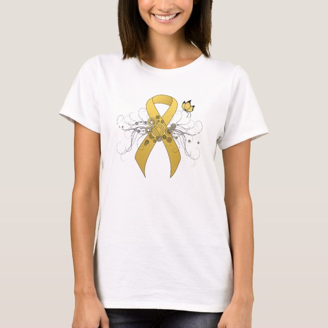 Gold Awareness Ribbon mit Butterfly T-Shirt (Vorderseite)