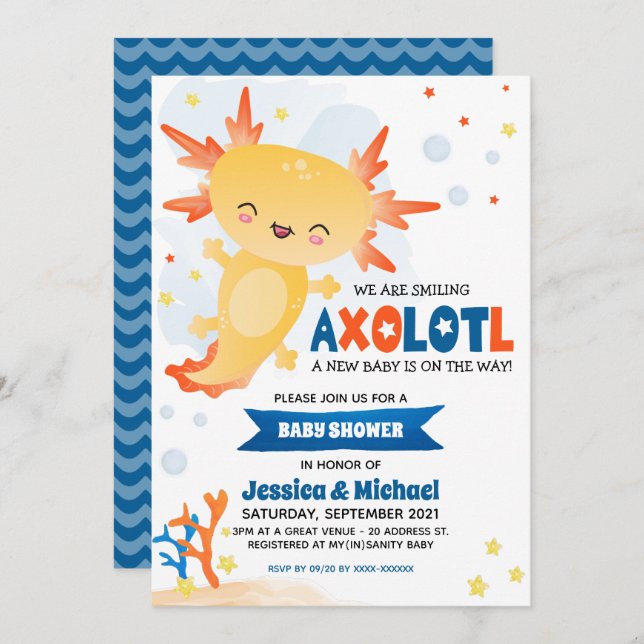 Gold Axolotl Boy Baby Dusche Einladung (Vorne/Hinten)
