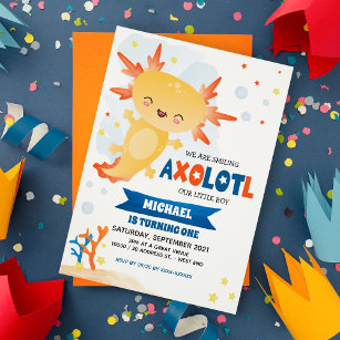 Gold Axolotl Boy Birthday Einladung