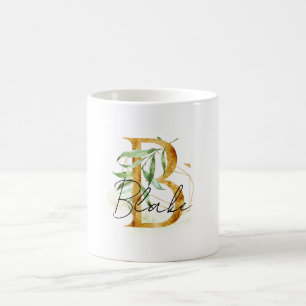 Gold B Name Grüne Blätter Kaffeetasse