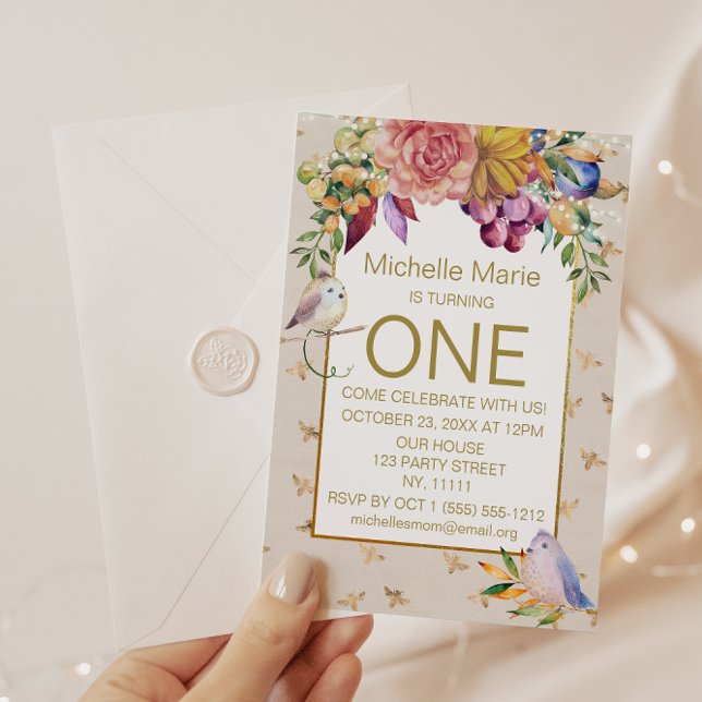 Gold Baby Birds Humble Bienen Erster Geburtstag Einladung (Von Creator hochgeladen)