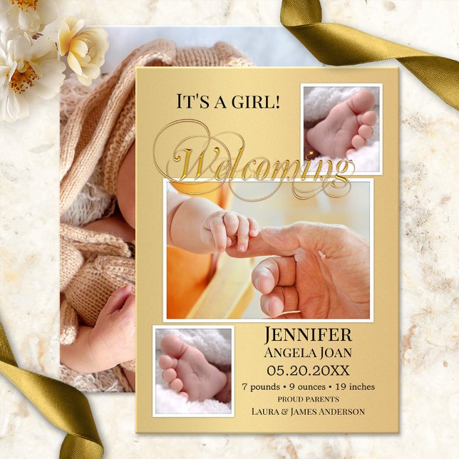 Gold Baby Birth Fotos Ankündigungskarte Dankeskarte (Modern birth announcement card with space for 4 of your own baby and family photos framed by gold)