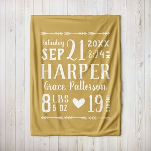 Gold Baby Girl Birth Stats   Editierbare Farben Fleecedecke