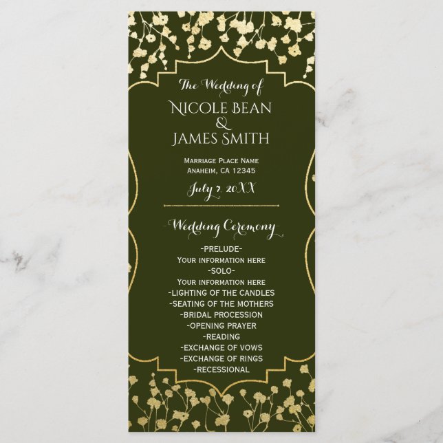 Gold Baby's Breath Florale Olive Hochzeitsprogramm Programm (Vorderseite)