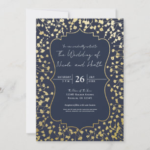 Gold Baby's Breath Florale Rustikale Blaue Hochzei Einladung