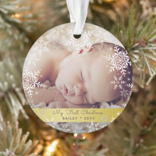 Gold Baby's erstes Weihnachten Schneemuster Foto Ornament