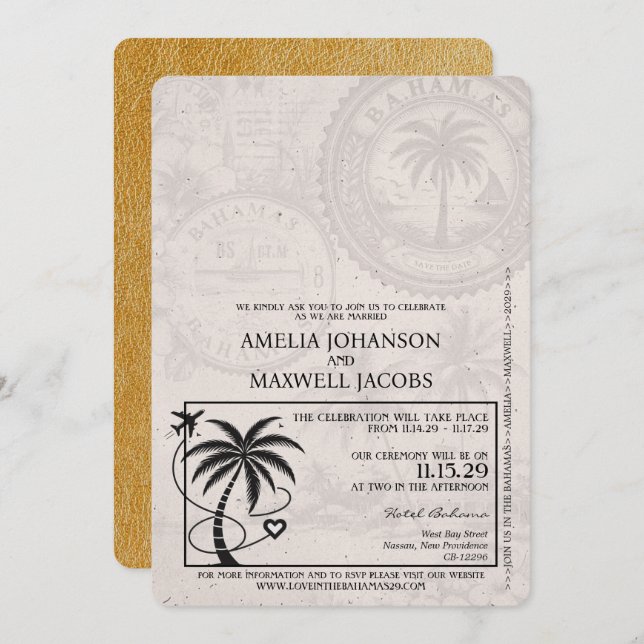 Gold Bahamas Passport Hochzeitseinladung Einladung (Vorne/Hinten)