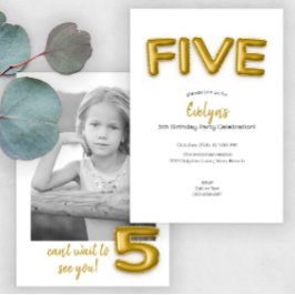 Gold Ballon Fünfte Geburtstags Foto Einladung