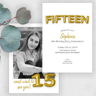 Gold Ballon Fünfzehnte Geburtstags Foto Einladung