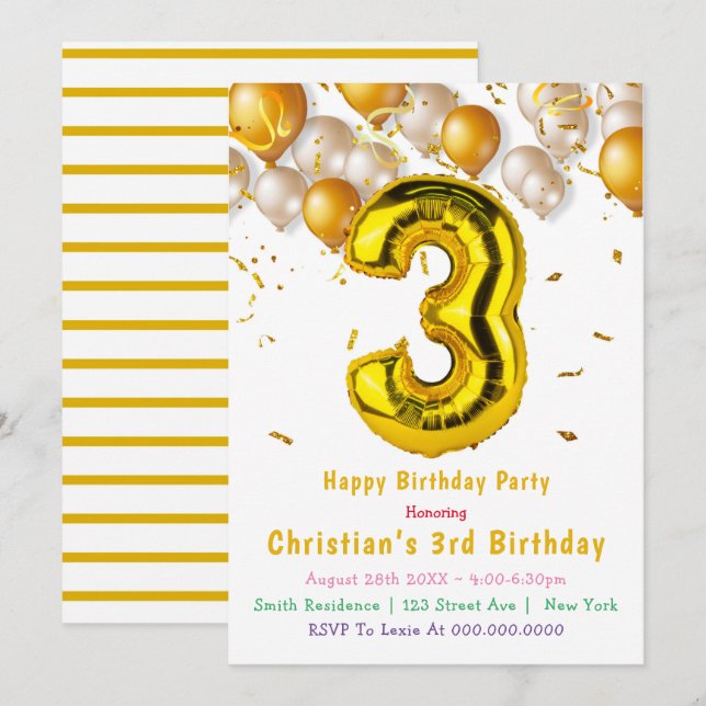 Gold Ballons 3. Geburtstagseinladungen (Vorne/Hinten)