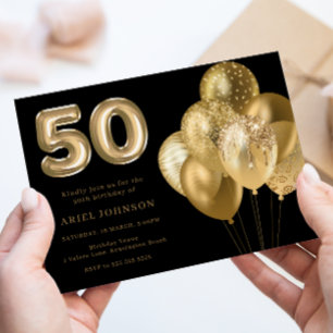 Gold Ballons 50. Geburtstagsparty Black Einladung