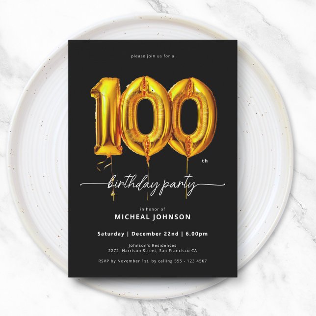 Gold Balloon Black 100. Geburtstag Einladung (Gold Balloon Black 100th Birthday Invitation)