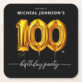 Gold Balloon Black 100. Geburtstagsparty Rechteckiger Pappuntersetzer