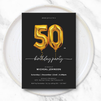 Gold Balloon Black 50. Geburtstag Einladung