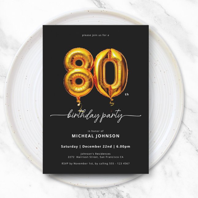 Gold Balloon Black 80. Geburtstag Einladung (Gold Balloon Black 80th Birthday Invitation)