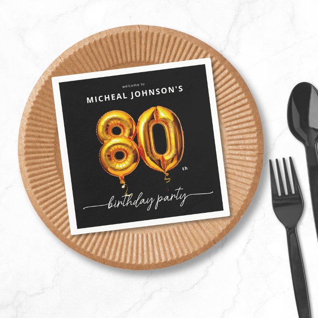 Gold Balloon Black 80. Geburtstagsparty Serviette (Gold Balloon Black 80th Birthday Party Napkins)