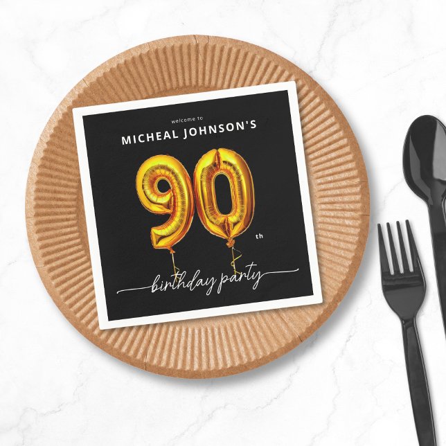 Gold Balloon Black 90. Geburtstagsparty Serviette (Gold Balloon Black 90th Birthday Party Napkins)