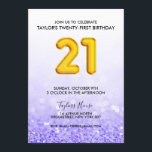 Gold Balloon Lila Glitzer 21 Geburtstagsparty Einladung<br><div class="desc">Kundenspezifische Vorlagen von City Unwahrscheinlichen sind garantiert für Ihr Unternehmen, Ihre Familie oder einfach nur Ihre lustige Veranstaltung. Branding und Marketing- oder Party-Festivals Diese kreativen, authentischen und einzigartigen Designs wurden mit Ihrem Blick entworfen. Geometrische Designs machen eine Visitenkarte und berufliche Muster machen eine Einladung. Bauen Sie Ihr Banner mit Gold...</div>