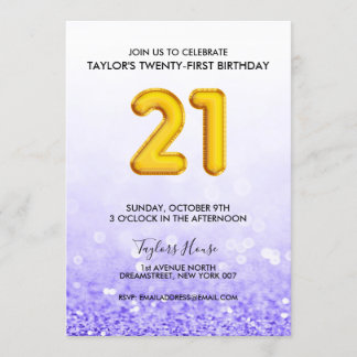 Gold Balloon Lila Glitzer 21 Geburtstagsparty Einladung