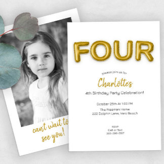 Gold Balloon Viertes Foto zum Geburtstag einladen Einladung